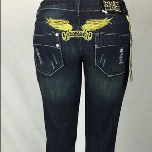 indigo Women’s jeans hand sanded decorative rips low cut slim stretch Society